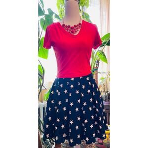 4th Of July Outfit! Size Sm Navy Polka dot Skirt W Pockets Red Necklace & Tee